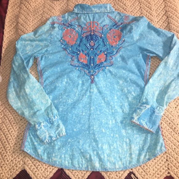 ROAR Embellished Blue & Orange Western Shirt Large - Picture 2 of 16
